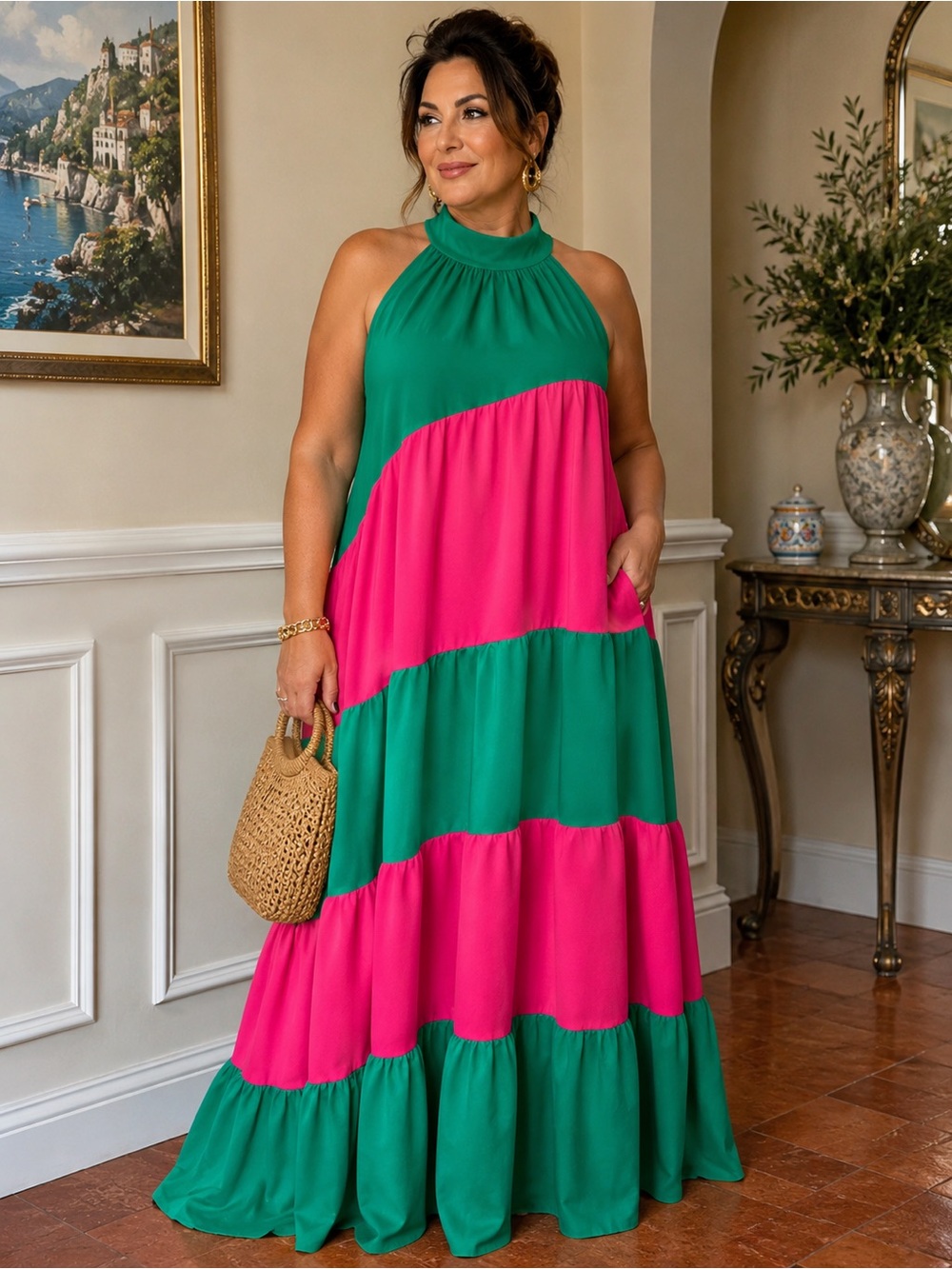 Tiered Halter Maxi Dress in Green and Hot Pink